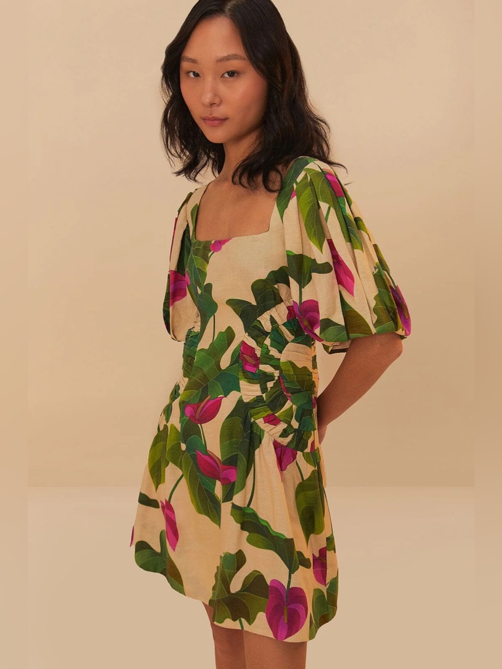 SAND ANTHURIUM LEAVES SAND Floral Puff-Sleeve Mini Dress